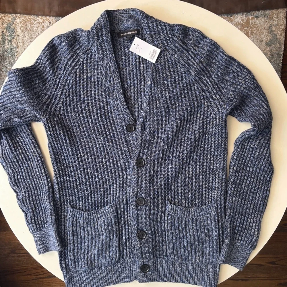 Banana Republic Men’s Ribbed Cardigan Sweater Size Small New Blue Heavy Knit
